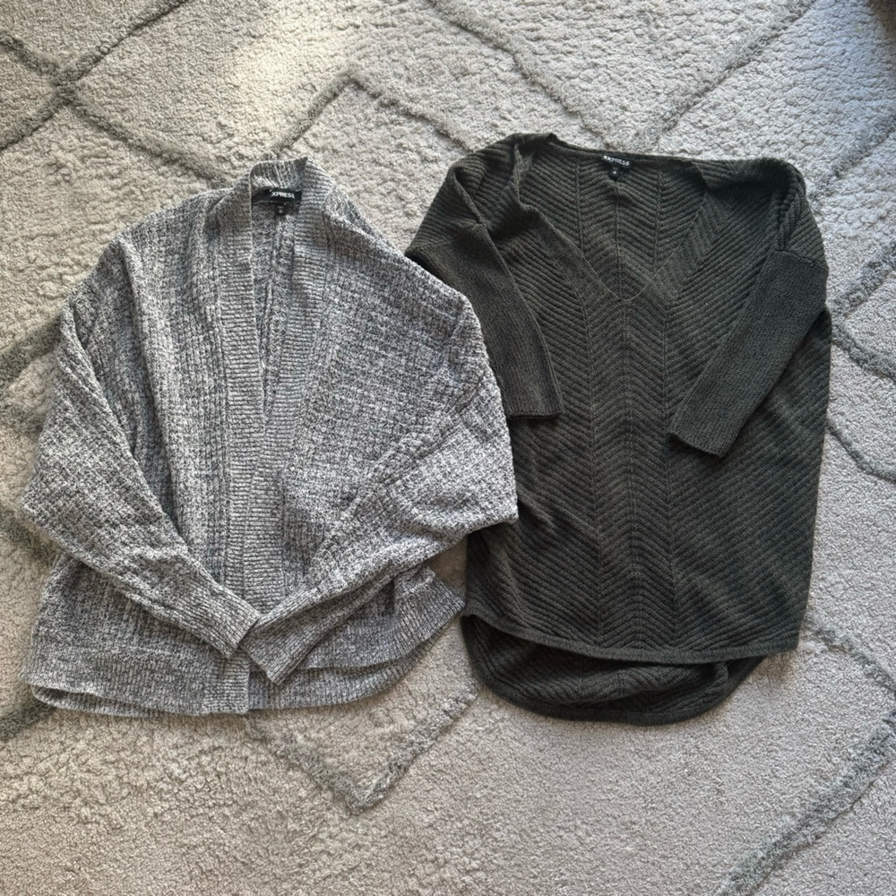 Express cardigan sweater gray open front olive green pullover circle hem XS